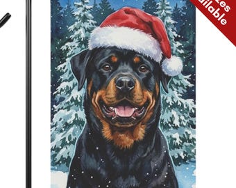 Rottweiler Christmas Garden Flag, Santa Hat Rottie Dog House Flag, Watercolor Black Tan Dog Mom Gift, Snowy Winter Outdoor Porch Yard Decor