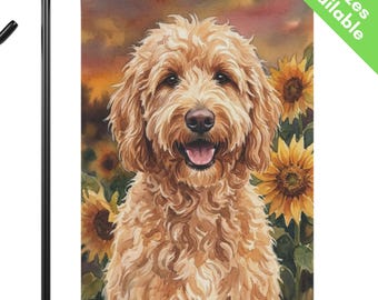 Apricot Goldendoodle Sunflower Garden Flag, Autumn Labradoodle House Flag, Apricot Doodle Dog Mom Gift, End of Summer Fall Yard Art