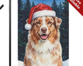 Red Merle Australian Shepherd Christmas Garden Flag, Santa Hat Aussie House Flag, Watercolor Red Merle Dog Mom Gift, Snowy Winter Yard Decor