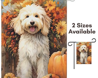 Fall Goldendoodle Garden Flag | Autumn White Labradoodle House Flag with Pumpkins and Flowers Watercolor | White Doodle | Thanksgiving Gift