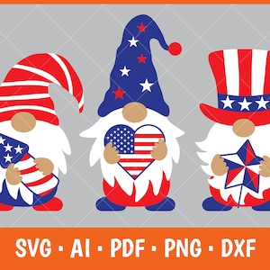 4 juillet gnomes svg, clipart gnomes patriotiques de la fête de l'indépendance américain Etats-Unis étoiles et rayures svg dxf couper des fichiers pour Cricut et silhouette