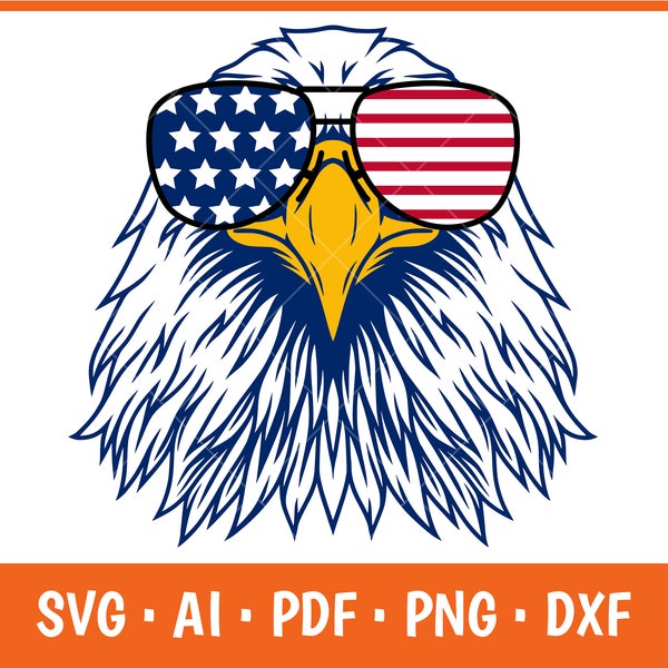 Patriotic eagle with sunglasses, 4th July svg, American eagle, patriotic bald eagle, patriotic 4th July svg, Amerain eagle with glasses svg