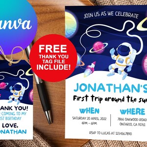 Outer Space First Birthday Invitation Editable 5x7 Personalized Galaxy Blast Off First Trip Around the Sun Birthday Boys Canva Download