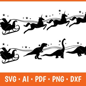 Wektor sanie Świętego Mikołaja Dinozaur Svg jednorożec, Święty Mikołaj i jego jednorożec przejażdżka saniami Svg, Święty Mikołaj i jednorożec Svg, koszulka dla dzieci na Boże Narodzenie Svg, Png