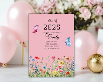 Wildflower Butterfly Graduation Invitation Template (Digital Download)