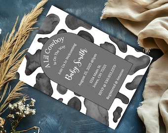 Cowboy Baby Shower Invitation: Black & White, Editable Template (Digital Download)