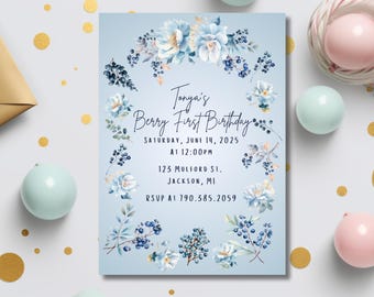 Berry First Birthday Invitation, Floral Template (Digital Download)