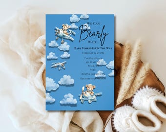 Teddy Bear Airplane Baby Shower Invitation: Blue Sky Template (Digital Download)