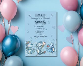 Blue Dinosaur Birthday Invitation: Editable Party Template (Digital Download)