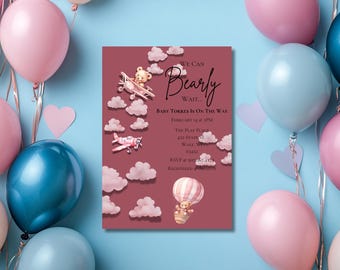 We Can Bearly Wait Baby Shower Invitation: Editable Pink Bear Theme (Digital Download)