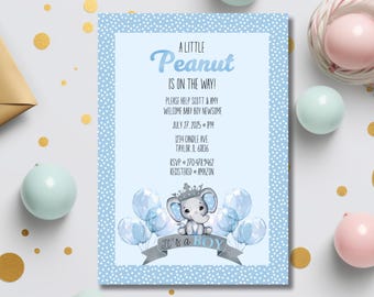 Peanut Elephant Baby Shower Invitation: Blue Editable Template (Digital Download)