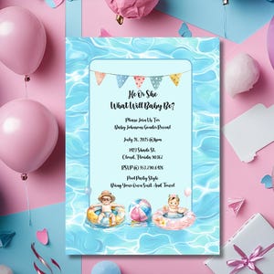 Pool Party Gender Reveal Baby Shower Invitation, Blue Pool Baby Shower Invitation, Invitation Template, Editable Party Invite, Cute Invite