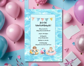 Pool Party Gender Reveal Invitation: Editable Baby Shower Invite (Digital Download)
