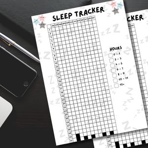 May include: A printable sleep tracker with a grid for logging sleep hours and a checklist for tracking the number of hours slept. The tracker is decorated with stars and the text "SLEEP TRACKER".