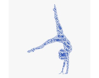 Puede incluir: Una nube de palabras azul en forma de gimnasta realizando un handstand. Las palabras incluyen "viga", "gimnasia", "equilibrio", "bóveda", "volar", "fuerte", "poder", "elegante" y "Emily".