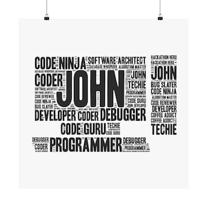 May include: Black and white word cloud with the name "John" in large, bold letters in the center. The word cloud includes words related to coding, software development, and technology, such as "code ninja", "developer", "programmer", "debugger", "techies", and "code guru".