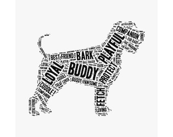 Pode incluir: Um poster a preto e branco com a silhueta de um cão composta por palavras como "Loyal", "Buddy", "Playful" e "Fetch". As palavras estão dispostas para formar a forma de um cão, criando um design único. Uma charmosa obra de arte.