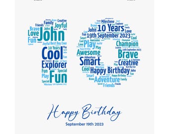 Personalized 10th Birthday Word Art for Boys - Custom Wall Art - Birthday Gift Idea