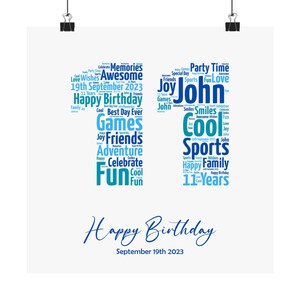 Regalo personalizzato per l&#39;undicesimo compleanno di un ragazzo ~ Stampa artistica personalizzata con parole ~ Arte murale ~ Idea regalo di compleanno personalizzata