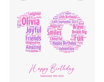 May include: Pink and purple word cloud in the shape of a heart with the words "Happy Birthday" and "September 19th 2023" below. The word cloud includes words like "Joyful", "Friends", "Imaginative", "Amazing", "Creative", "Brave", "Kind", "Dream Big", "Fun", "Adventure", "Magical", "Smiles", and "Cheerful".