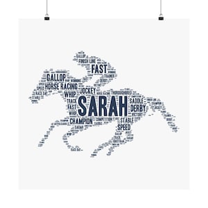 Arte de nuvem de palavras personalizada para presente de cavalo de corrida e jóquei - Impressão de arte de palavra personalizada para fãs de corridas de cavalos, amantes de hipismo e jóqueis