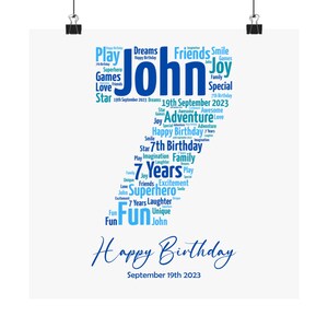 Word Art personalizzata per il 7° compleanno dei ragazzi - Arte murale personalizzata - Regalo ideale per bambini - Nome personalizzato e arte dell&#39;età