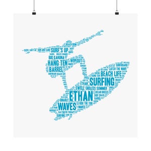 Personalized Surfer Word Art Print Gift - Custom Surfing Cloud Wall Decor for Surf Lovers