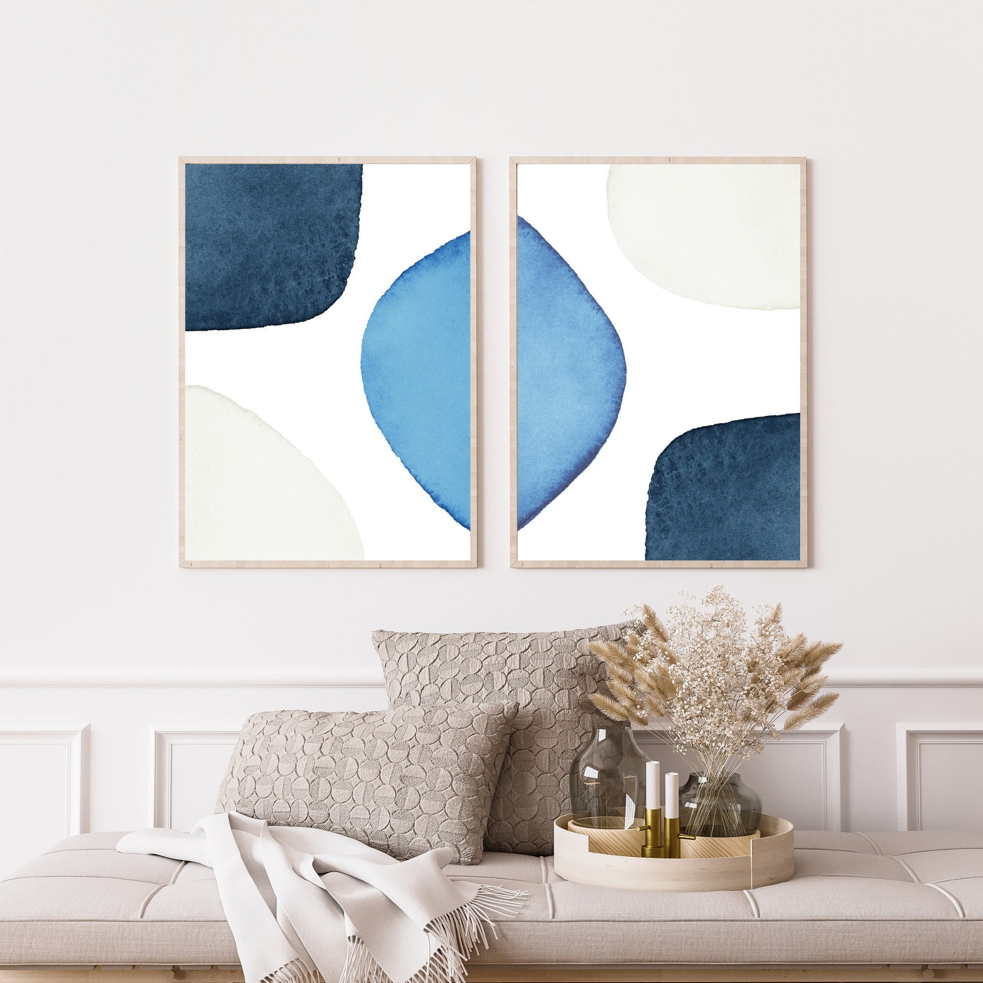 2 Piece Wall Art, Blue Watercolor Print, Light Blue Wall Art, Abstract