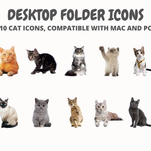 Pode incluir: Dez ícones de gatos diferentes para pastas de desktop. Os ícones são compatíveis com computadores Mac e PC. Os ícones apresentam uma variedade de raças de gatos em diferentes poses.