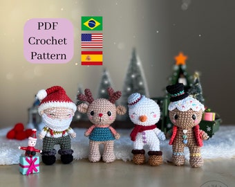 Amigurumi Crochet Pattern Christmas Collection/ Gingerbread - Snowman - Reindeer and Santa Claus/ PDF in English, Spanish and Portuguese