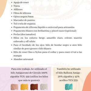 May include: A list of materials needed to make a crochet doll, including yarn, needles, and other supplies. The yarn colors are beige, yellow, light blue, sky blue, brown, and off-white. The text in the image reads "Materiales" and "Emanuella Lemos_2023_Todos los derechos reservados_@caiu.na.teia".