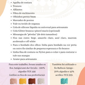 May include: A list of materials needed to create a crochet amigurumi doll, including yarn, needles, and other supplies. The yarn colors are listed as Am&ecirc;ndoa (7650), Solar (1317), T&acirc;mara (7220), Off-White (8176), and Arpoador (8590).