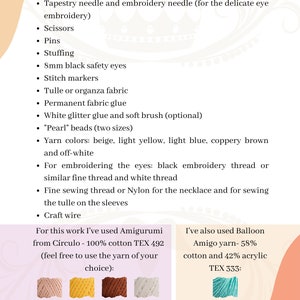 May include: Materials list for crocheting an amigurumi toy. The list includes yarn, crochet hook, embroidery needles, safety eyes, stuffing, and other craft supplies. The yarn colors are beige, light yellow, light blue, coppery brown, and off-white. The yarn is 100% cotton TEX 492 from C&iacute;rculo.