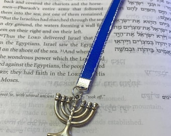 11” Blue/Silver Ribbon Bookmark with MENORAH charm.
