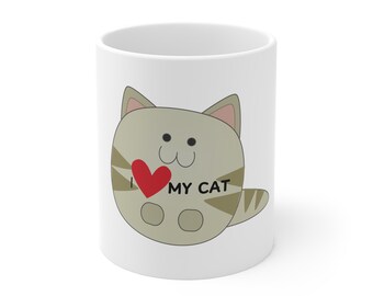 Amo a mi gato. Taza de cerámica con imagen de gato con corazón. Dibujo de gato con texto "Amo a mi gato" (31 ml).