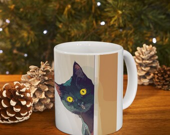 Taza de cerámica con diseño de gato (325 ml) y texto. Mi gato te está juzgando, así que sé amable. Elige el tamaño. Regalo de Navidad para amantes de los gatos.