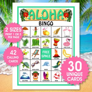 30 tarjetas de bingo Aloha, juego de fiesta hawaiana, actividad de viaje para niños y familias, juego de fiesta con temática hawaiana, juego de fiesta Luau, bingo divertido Luau