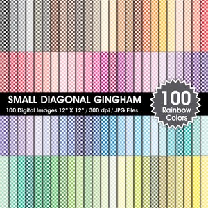 100 Rainbow Colors Gingham Digital Papers, Small Diagonal Seamless Patterns, JPEG Files