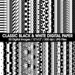 Peut inclure: Une collection de papiers numériques noirs et blancs avec des motifs variés : rayures, pois, cœurs et formes géométriques. Le texte indique "CLASSIC BLACK & WHITE DIGITAL PAPER", 50 images, 30.48cm x 30.48cm, 300 dpi, fichiers JPG.