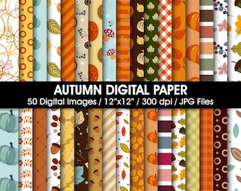 May include: A collection of 50 digital autumn-themed papers. The designs include pumpkins, leaves, acorns, and mushrooms in various patterns and colors. The text reads "AUTUMN DIGITAL PAPER" and "50 Digital Images / 12"x12" / 300 dpi / JPG Files."