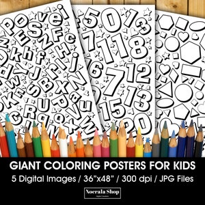 5 Giant Coloring Poster for Kids, Alphabet Numbers and Geometric Shapes Coloring Pages, Educational Activity, Printable Poster 36" x 48"