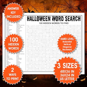 Może przedstawiać: Arkusz z wykreślanką na Halloween zawierający 100 ukrytych słów, klucz odpowiedzi, trudny poziom oraz trzy dostępne rozmiary: 122x91 cm, 91x61 cm i A4, na ciemnopomarańczowym tle z motywem pajęczyny.