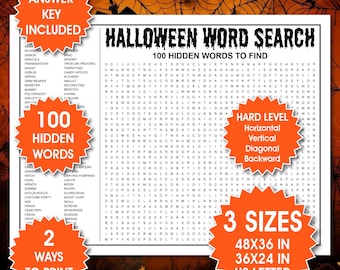 Peut inclure: Une feuille de mots mêlés sur le thème d'Halloween avec 100 mots cachés, incluant une clé de réponse, un niveau difficile et trois formats disponibles : 122x91 cm, 91x61 cm et A4, sur un fond orange orné de toiles d'araignées.