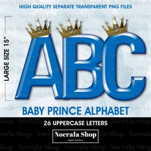 Clipart do alfabeto do bebê príncipe, monograma do bebê menino, letras azuis bebê, alfabeto real, arquivo PNG, letras de tamanho grande