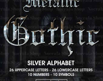 Gothic Silber Alphabet Clipart, PNG Buchstaben, Zahlen, Symbole (digitaler Download)