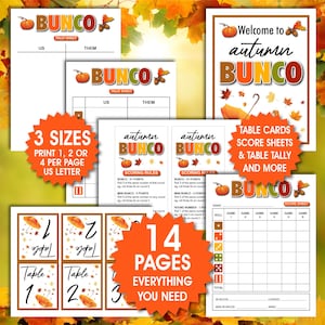 May include: A collection of autumn-themed Bunco game printables. Includes tally sheets, score sheets, table cards, and scoring rules. The design features pumpkins, leaves, and the text "Welcome to autumn Bunco". The set offers 14 pages in 3 sizes.