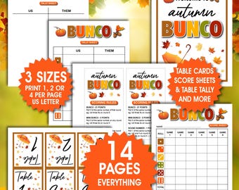 Op de afbeelding: Een verzameling herfst-thema Bunco-game printables. Inclusief tally sheets, score sheets, tafelkaarten en scoreregels. Het ontwerp bevat pompoenen, bladeren en de tekst "Welcome to autumn Bunco". De set biedt 14 pagina's in 3 formaten.