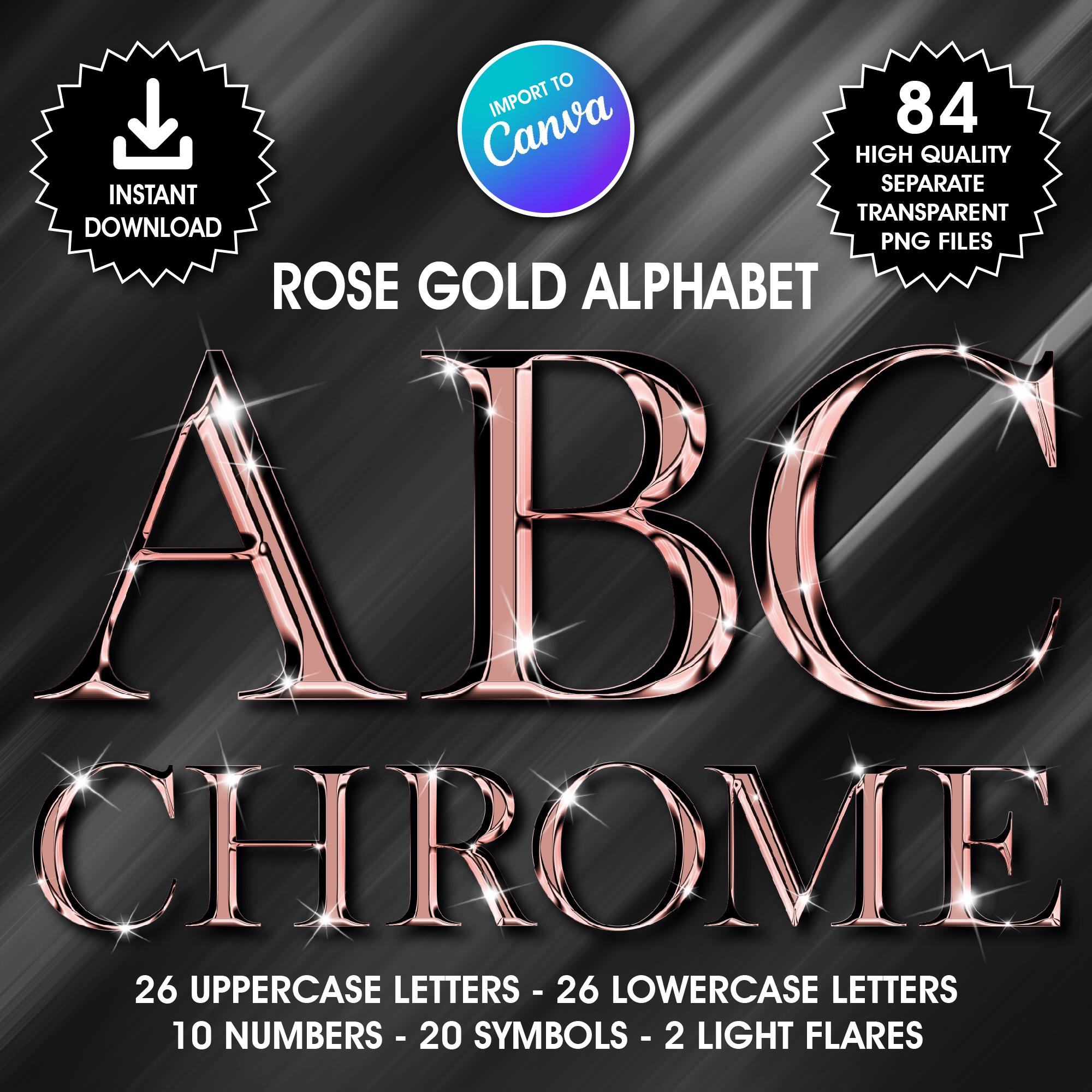 Rose Gold Chrome Alphabet Clipart, PNG Clip Art, Rose Gold Chrome Letters, High Shine Digital Alphabet, Glam Alphabet, Import to Canva