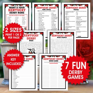 Kentucky Derby Games Bundle, 7 Printable Activities, Trivia, Word Search, Maze, Name Game, Horse Race Game Bundle, Instant Download
