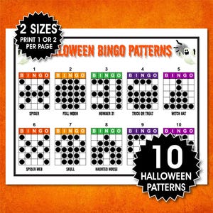 Może przedstawiać: Biała kartka z dziesięcioma wzorami do bingo na Halloween. Każda karta do bingo ma inny wzór czarnych kółek. U góry widnieje napis "Halloween Bingo Patterns". Obraz zawiera również tekst "2 Sizes" i "Print 1 or 2 per page".